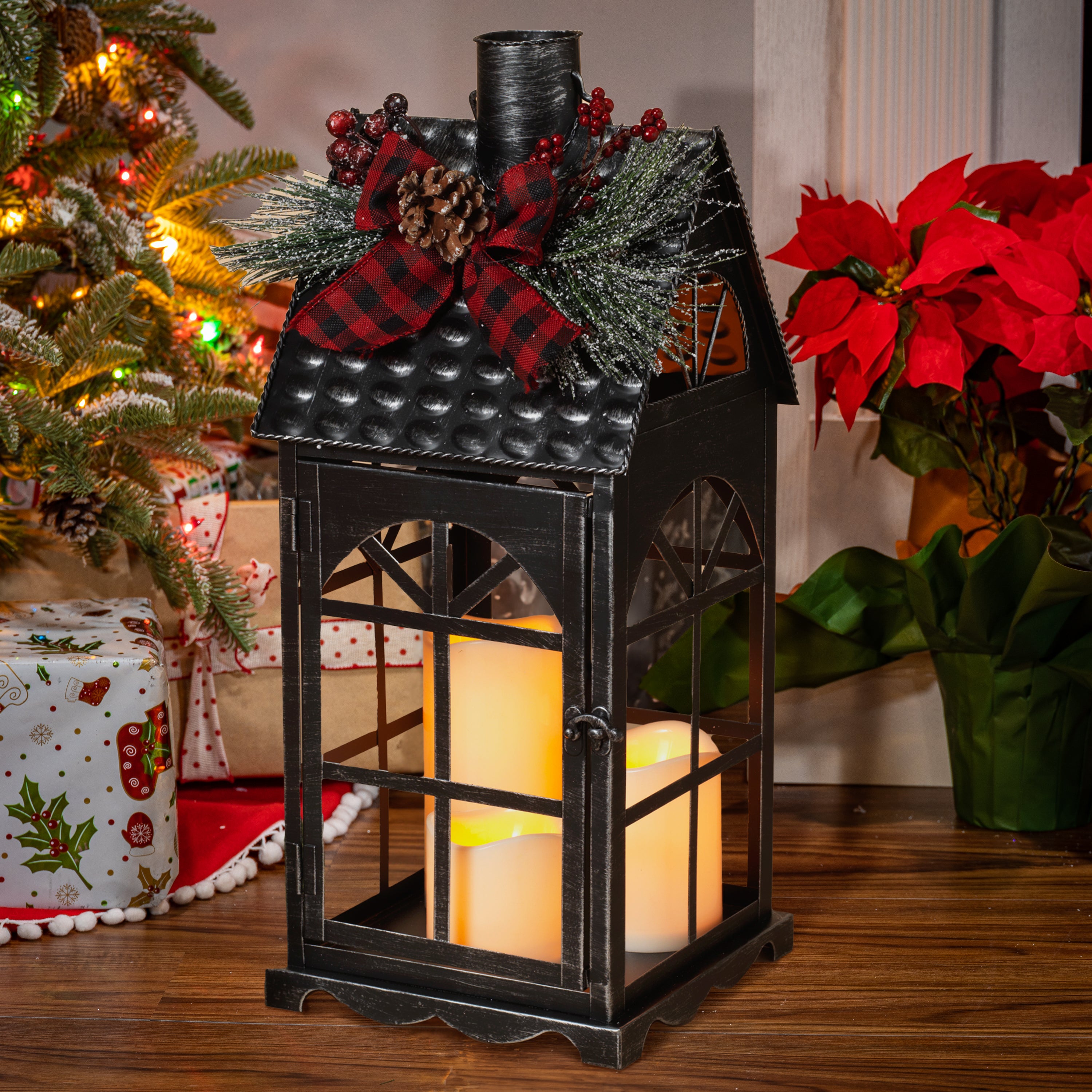 Christmas Holiday Lantern with Faux Floral Accents, LED candle